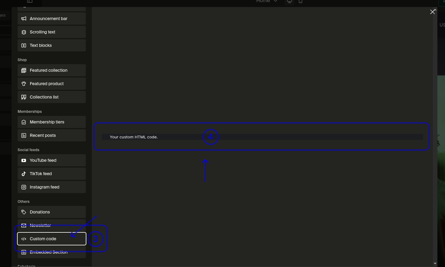Configure custom code section in Fourthwall