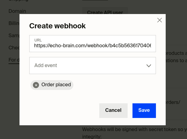 Create Order Webhook in Fourthwall dashboard