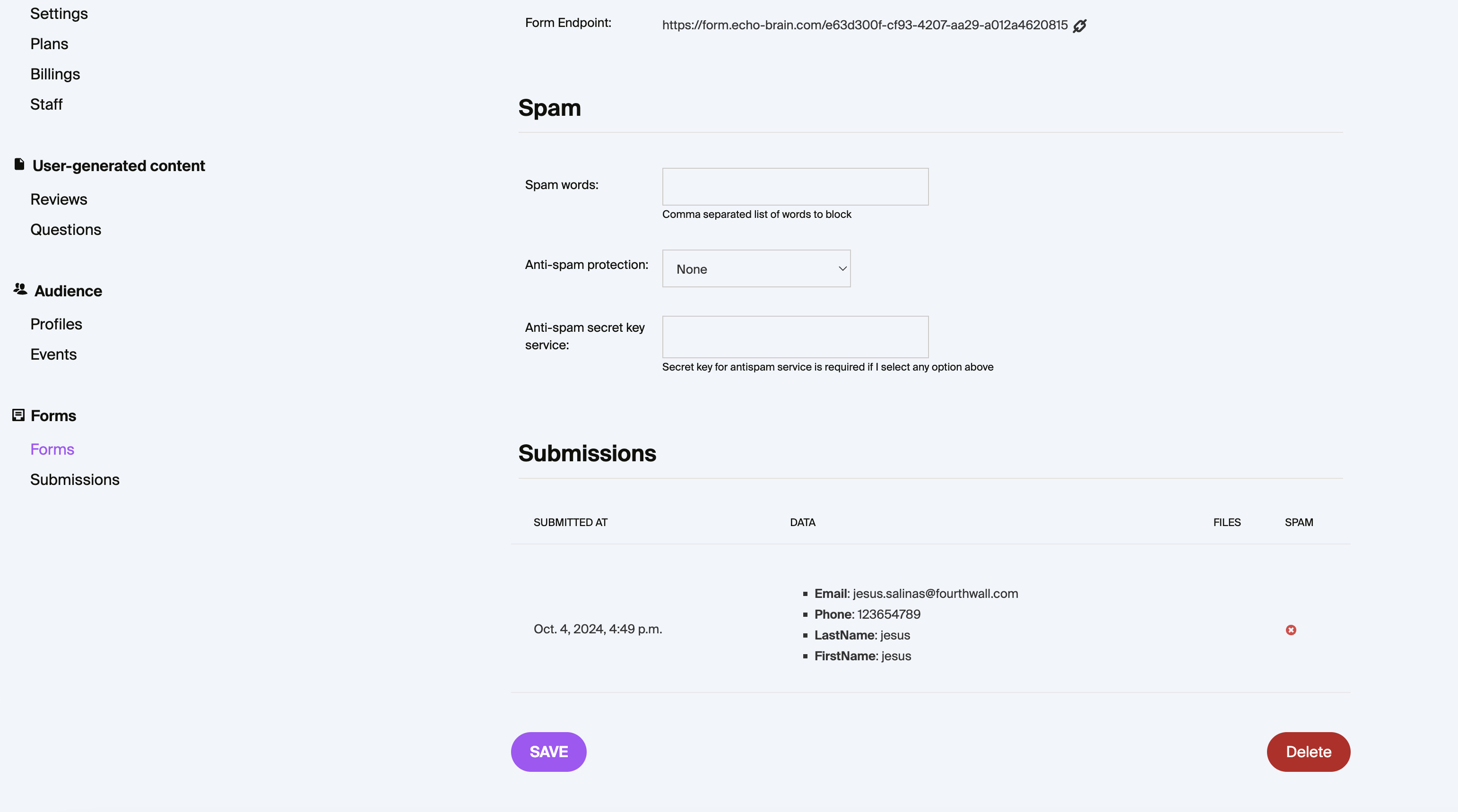 Manage form submissions on EchoBrain