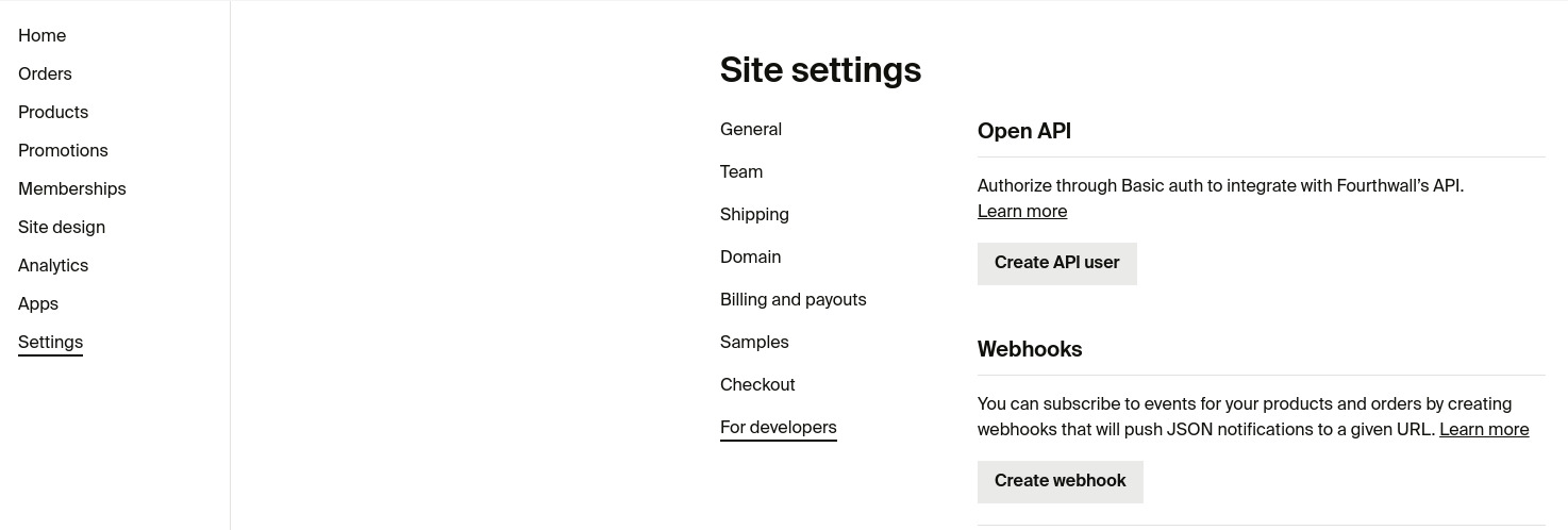 Developers settings in Fourthwall dashboard