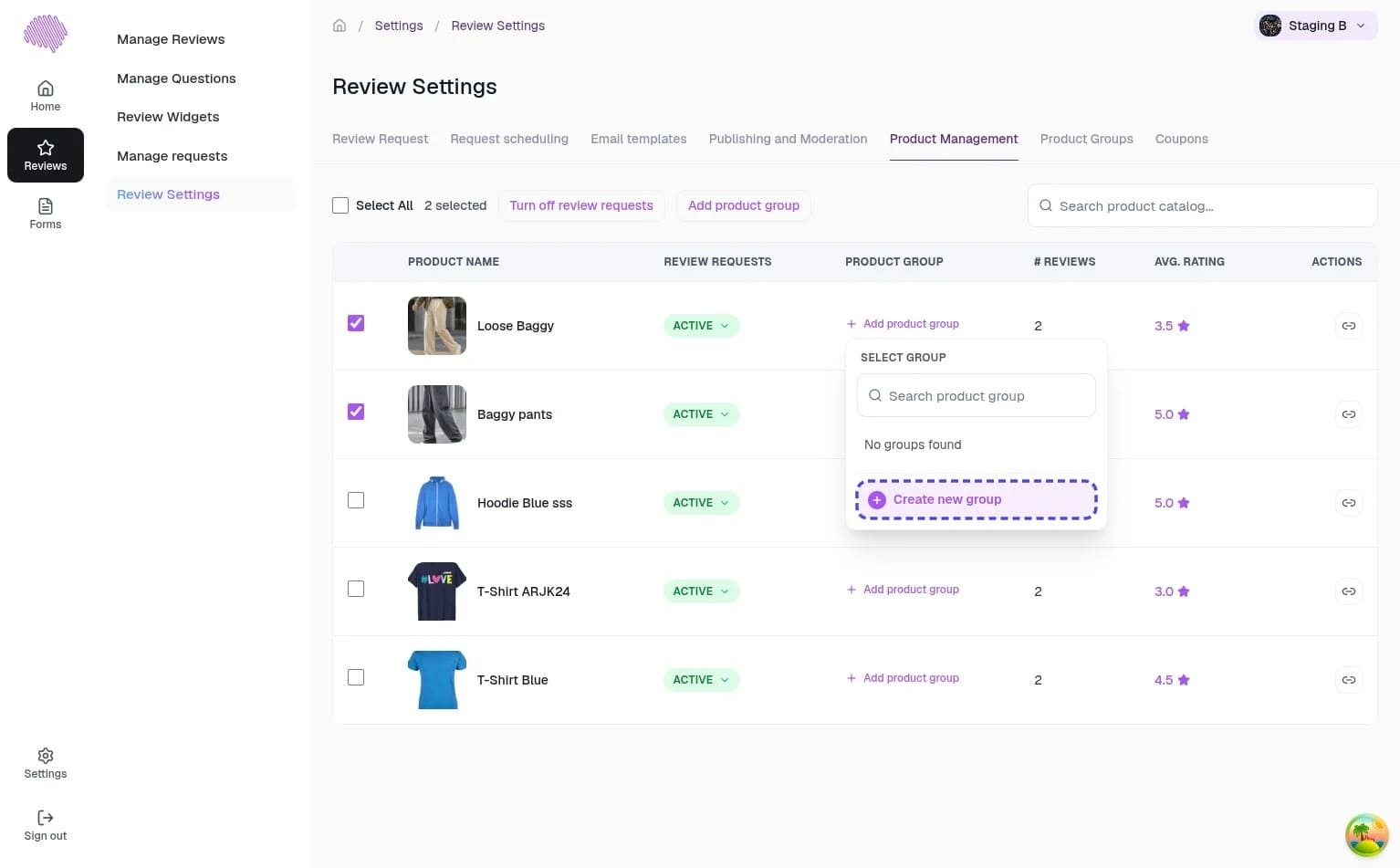 Adding a product group from the Product Management table