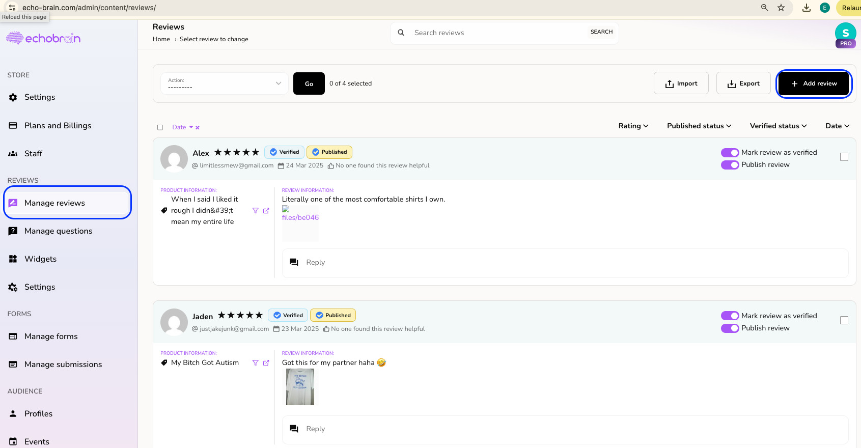 Echobrain create a review manually