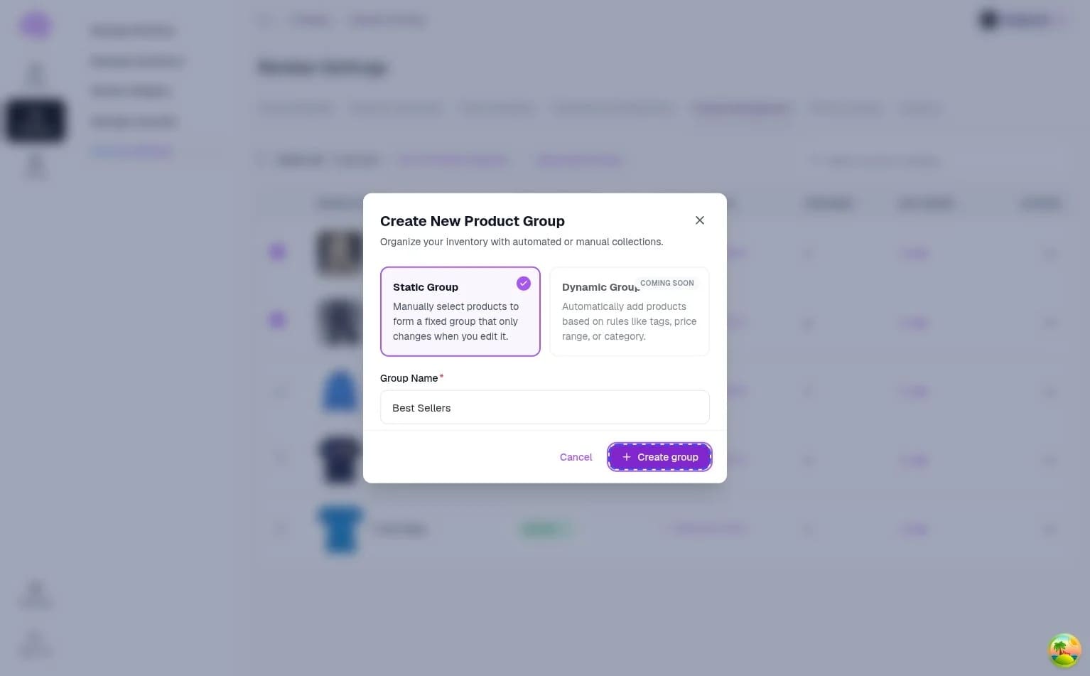 Create New Product Group modal