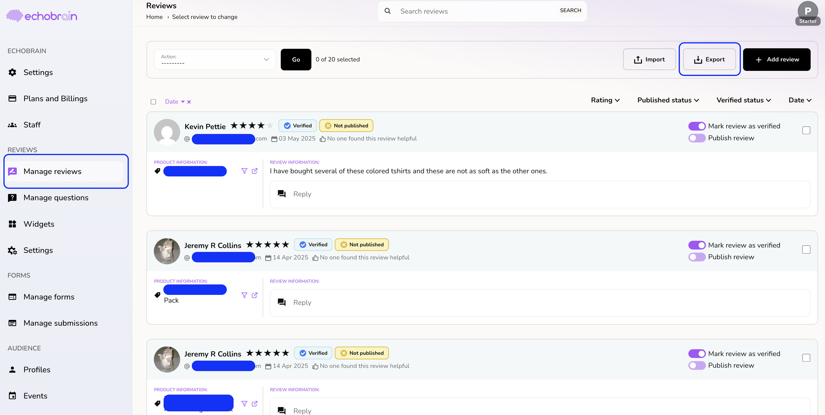 Echobrain dashboard export reviews