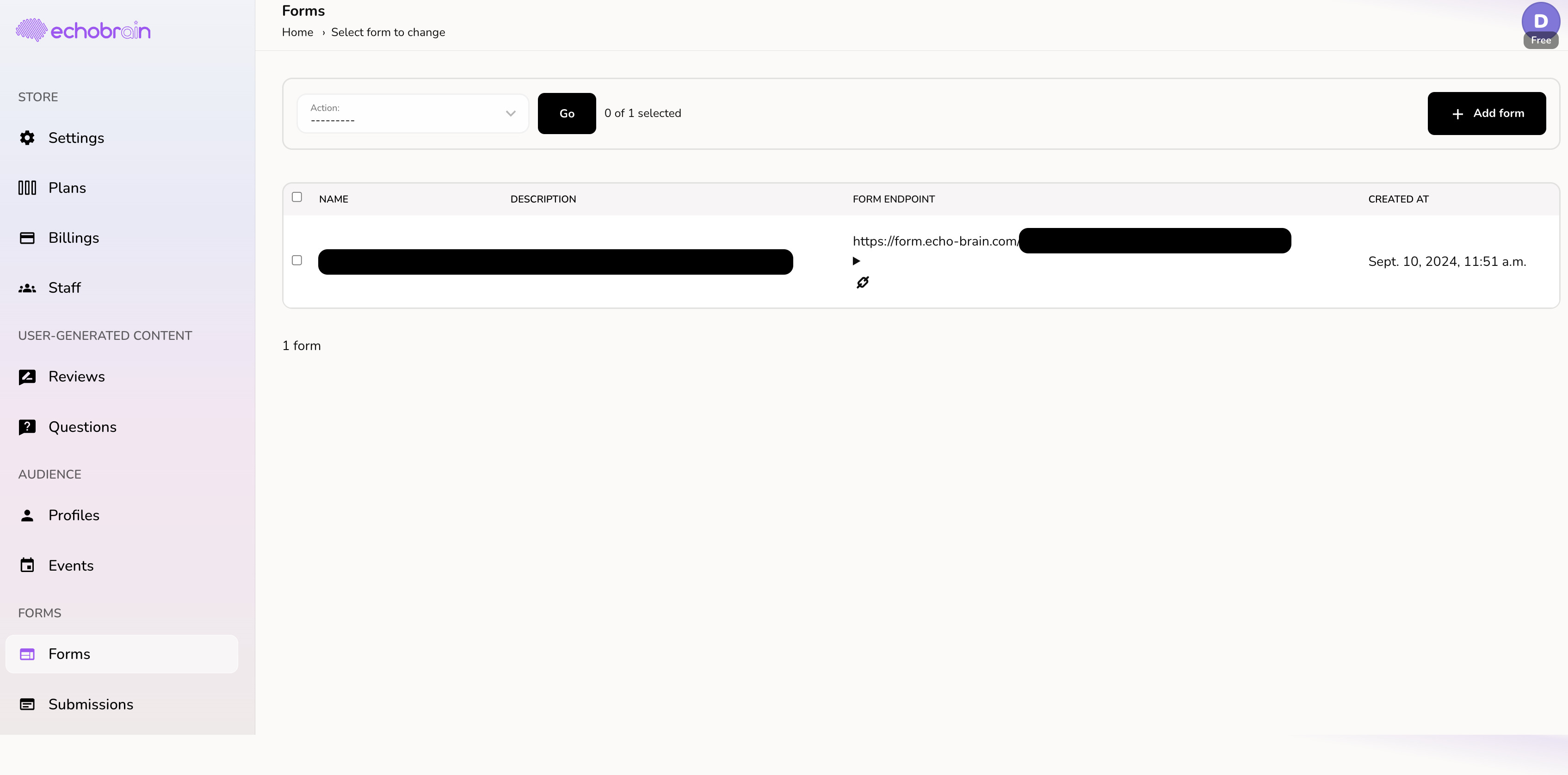 EchoBrain forms dashboard