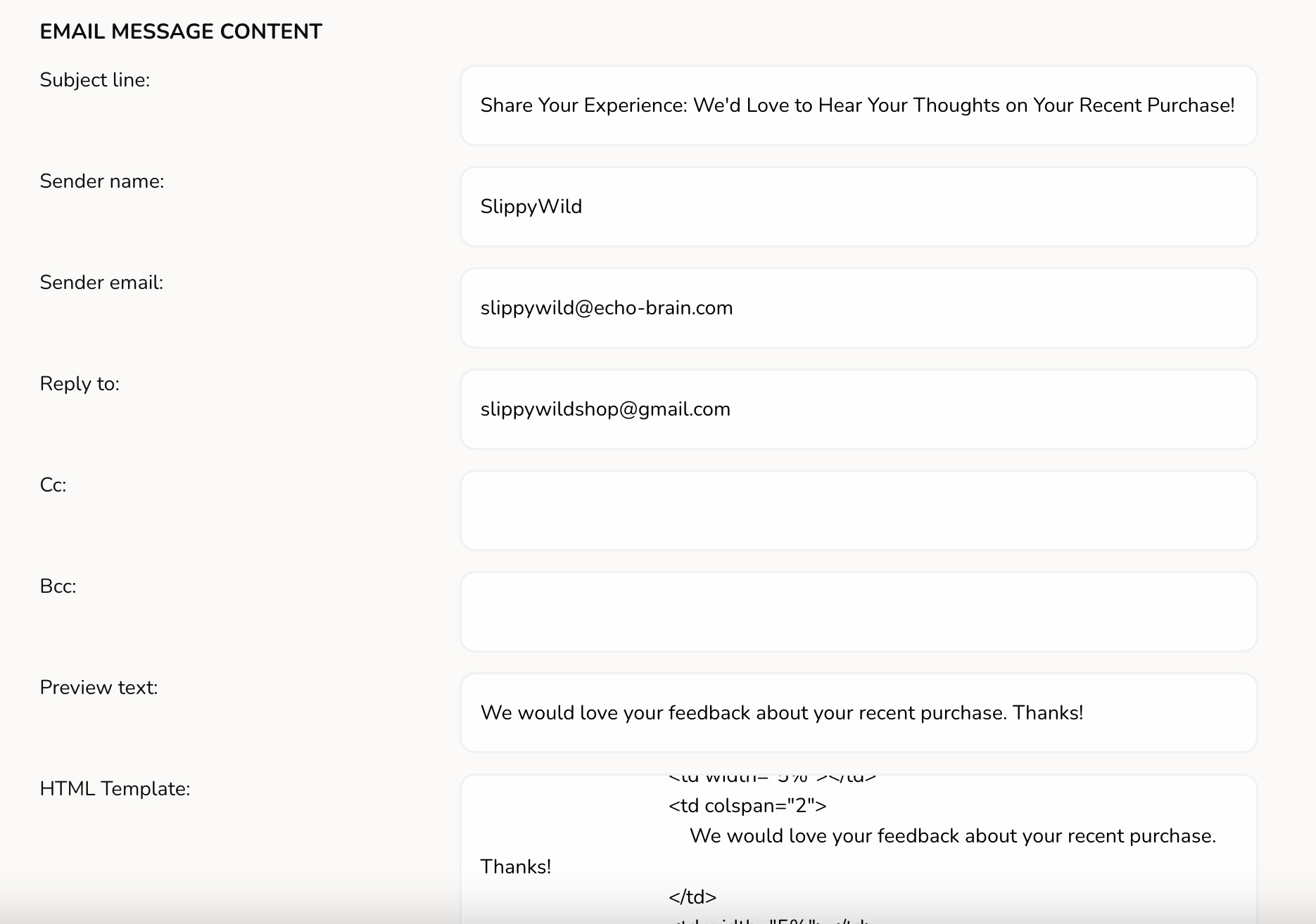 Echobrain email content settings