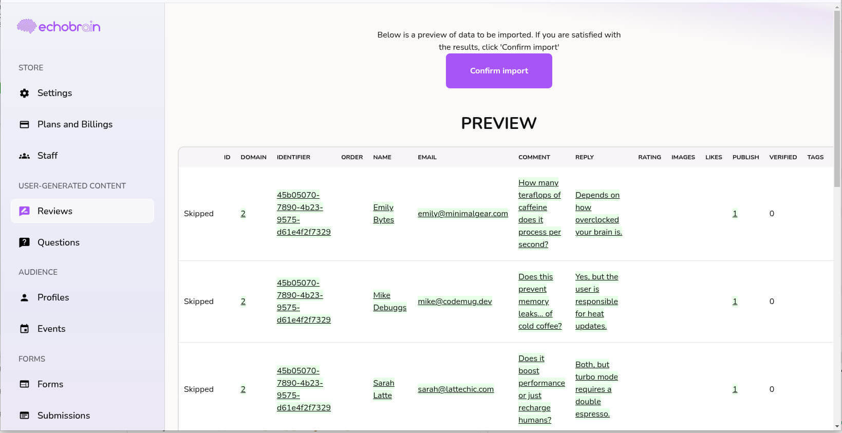 Exporting and Importing reviews with EchoBrain