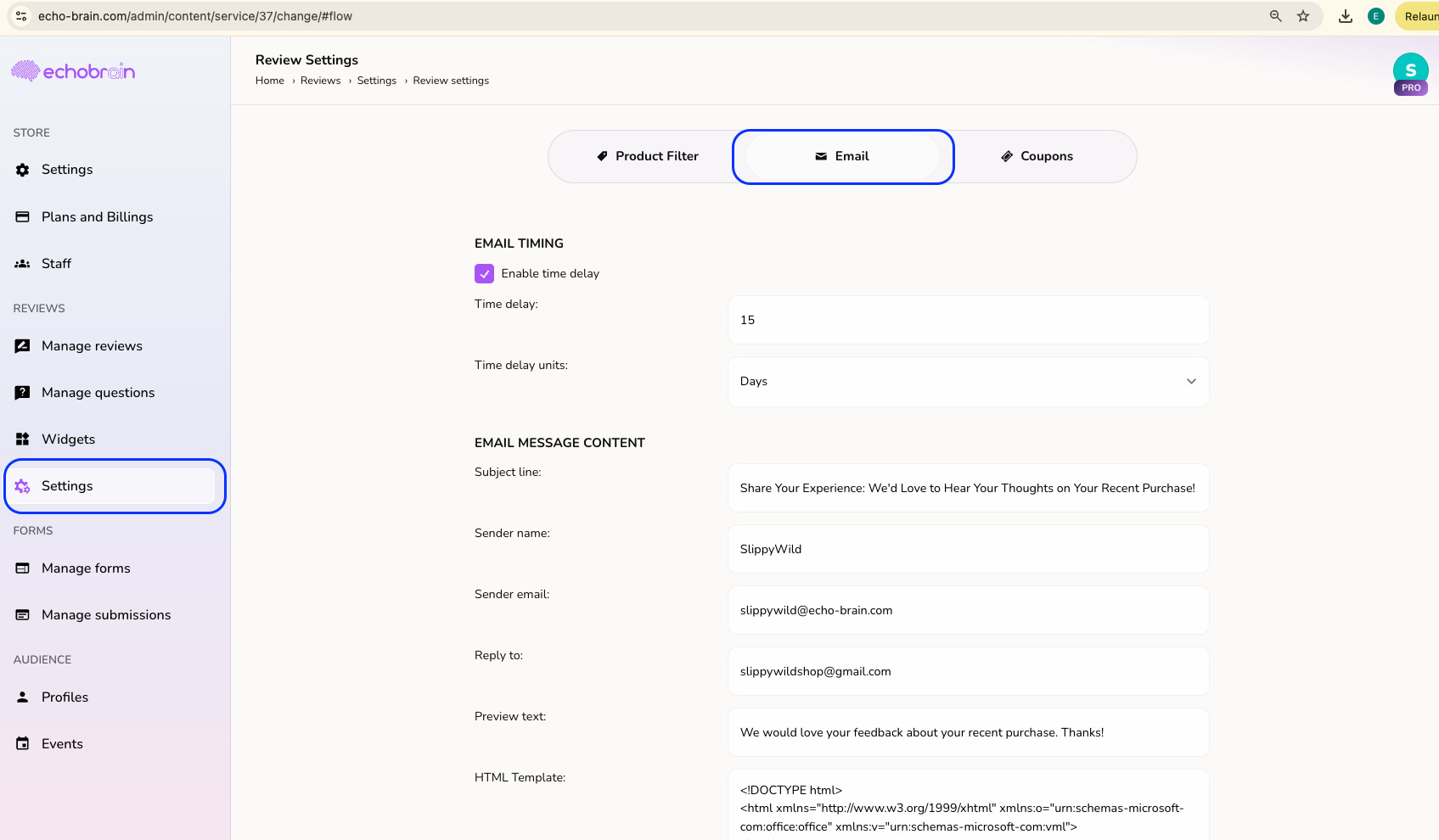 Echobrain review request email settings