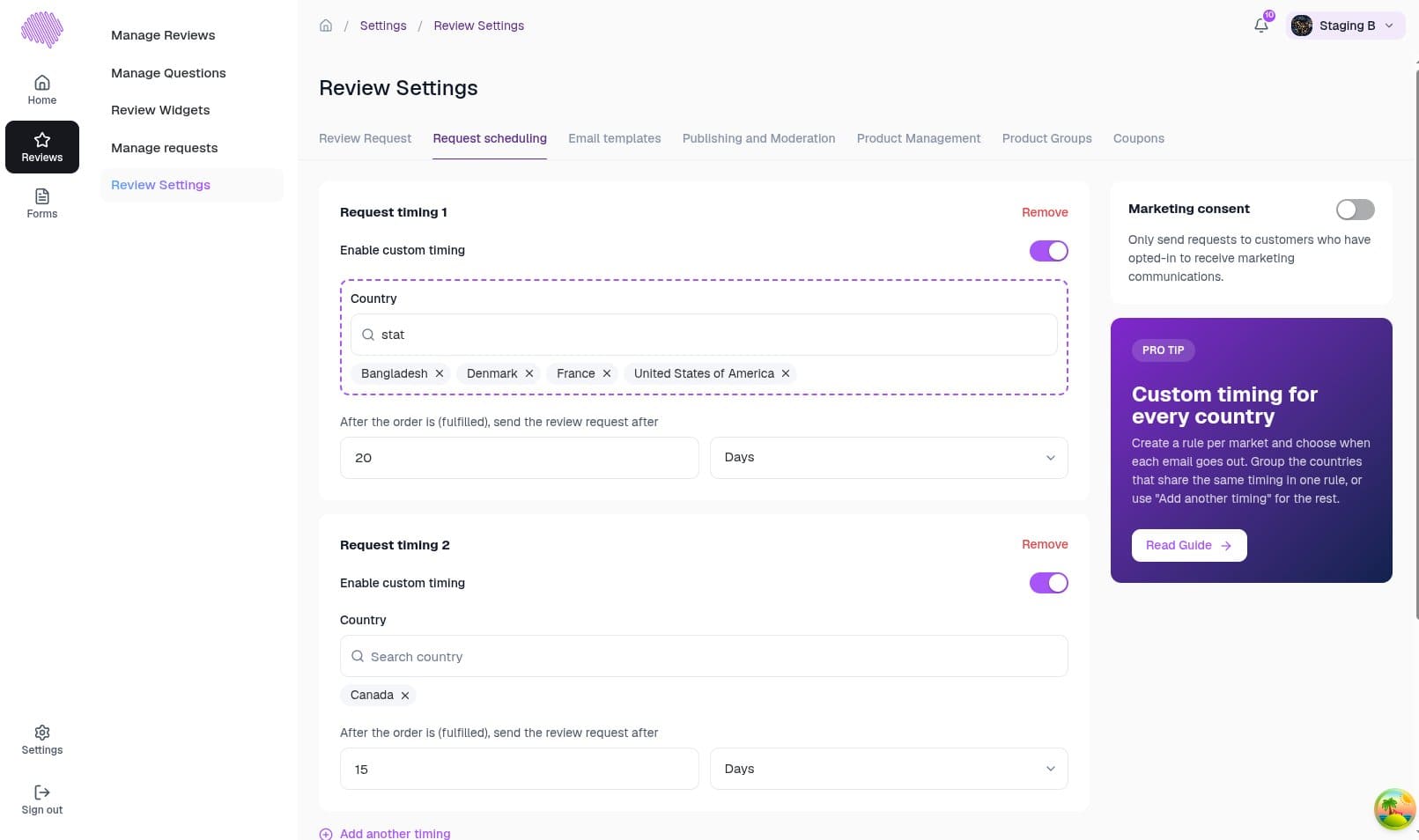 Echobrain request scheduling settings on a Pro account