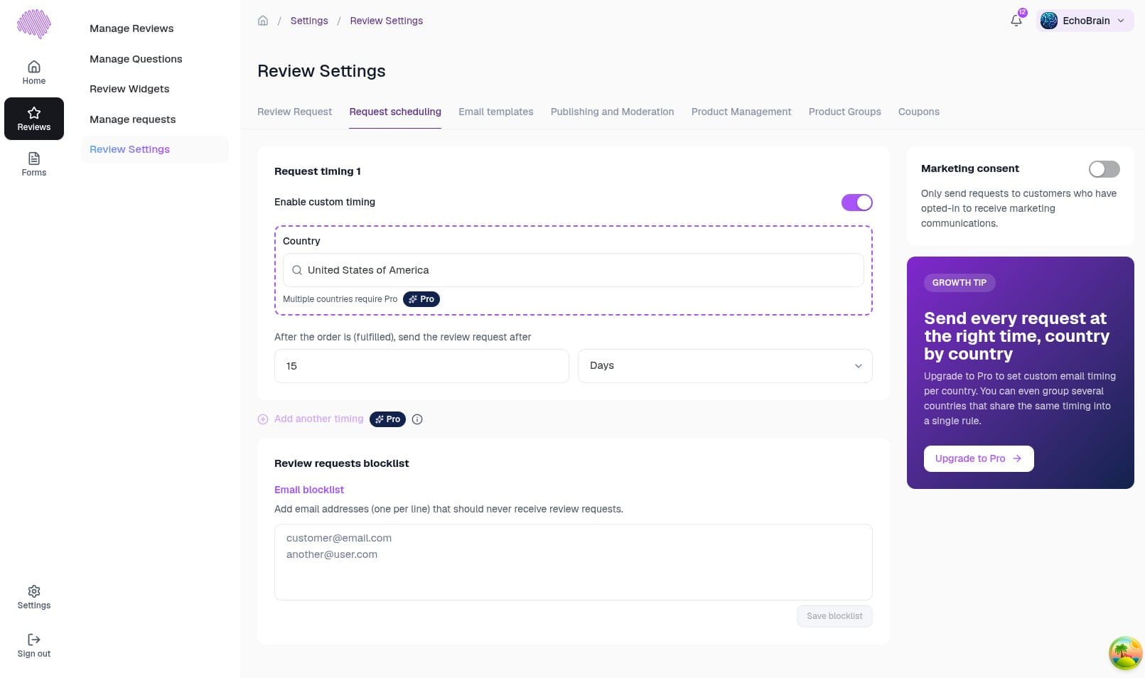 Echobrain request scheduling settings on a Standard account