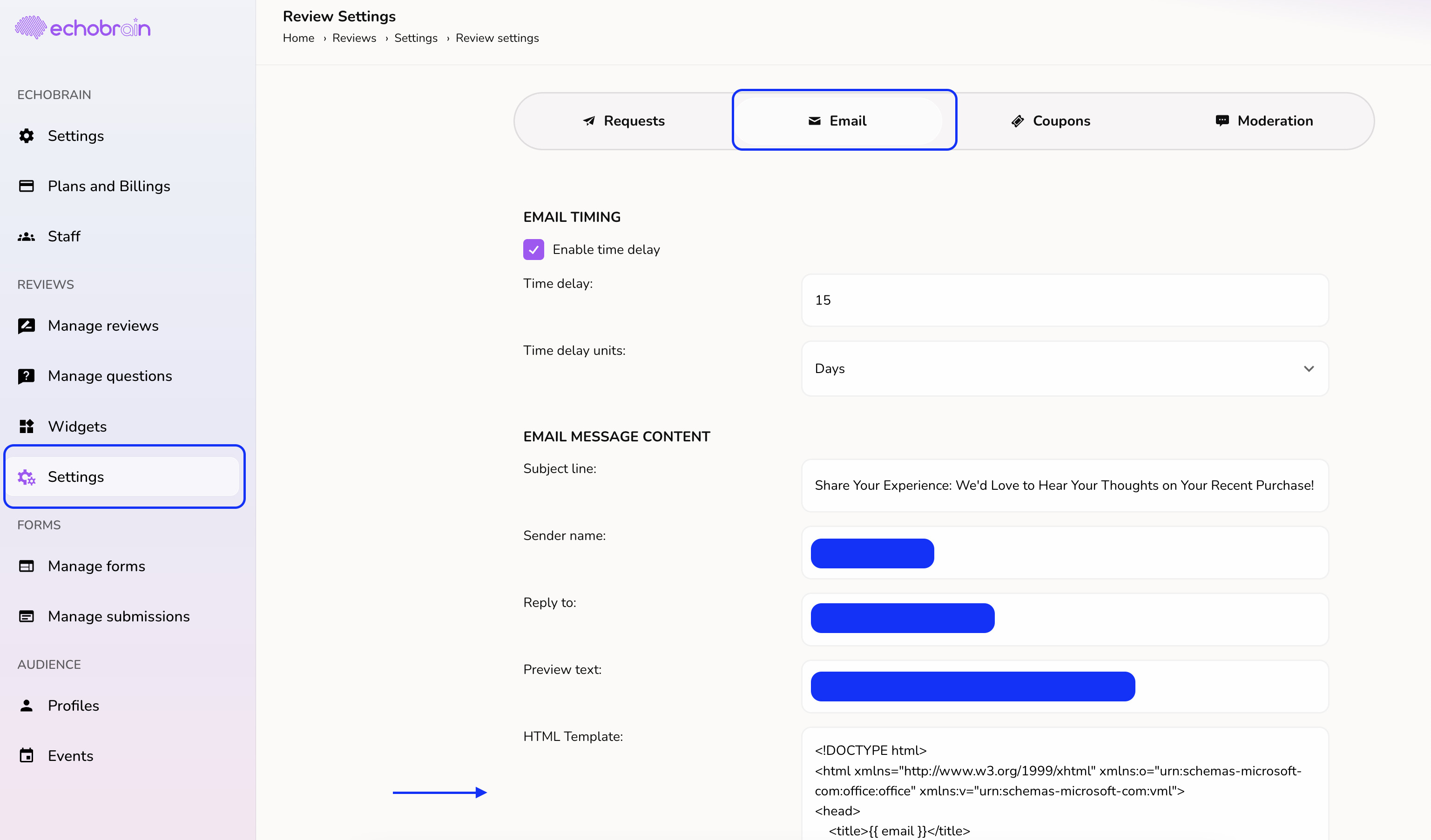 EchoBrain review request settings
