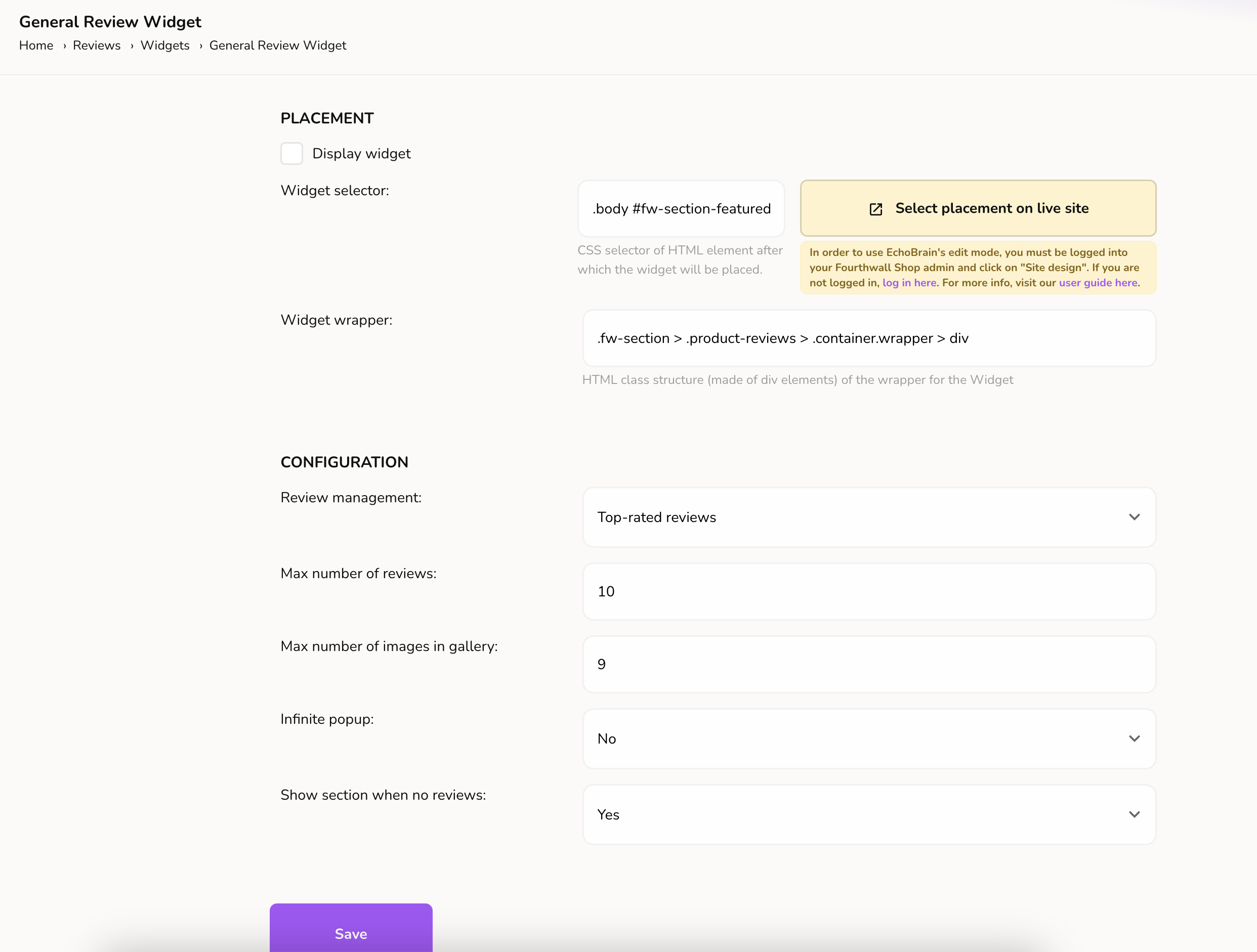 EchoBrain review widget configuration