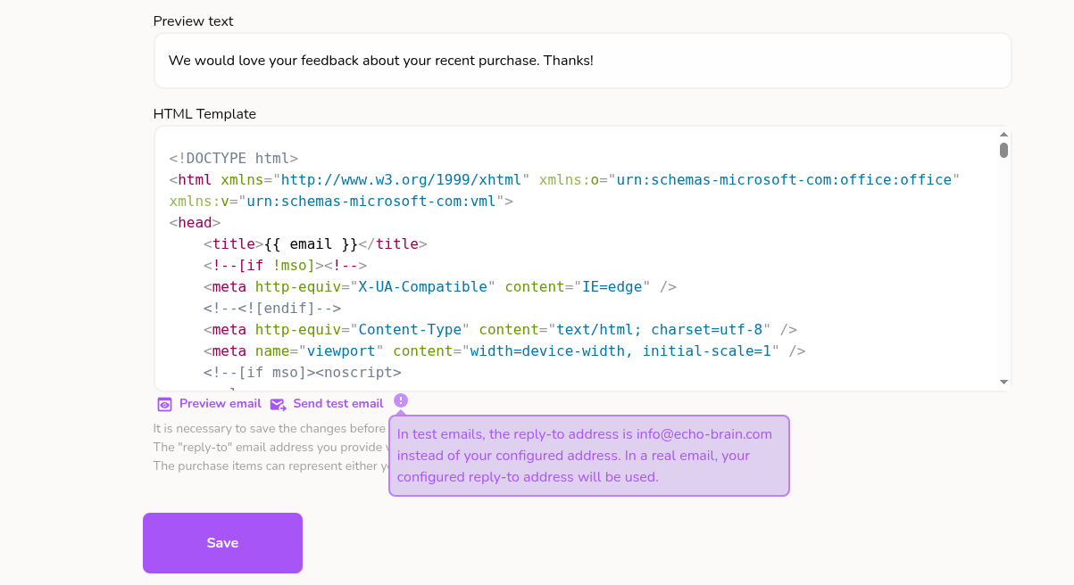 EchoBrain test email reply-to tooltip