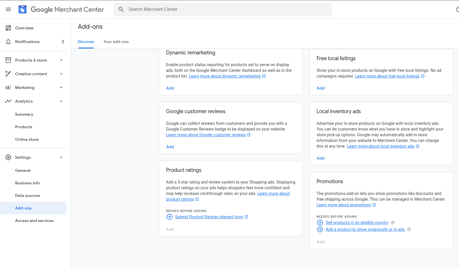 Google Merchant Center Discover tab with the Product ratings card and interest form