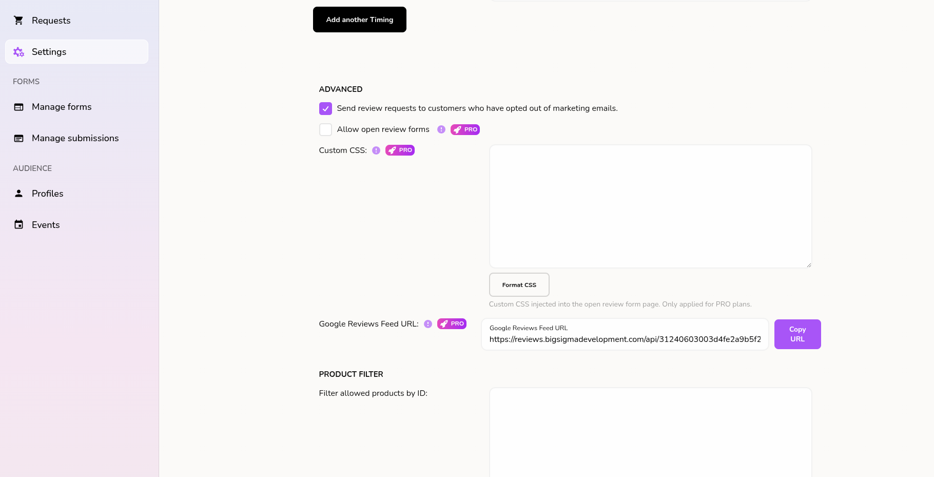 EchoBrain admin Advanced section showing the Google Reviews Feed URL field and Copy URL button