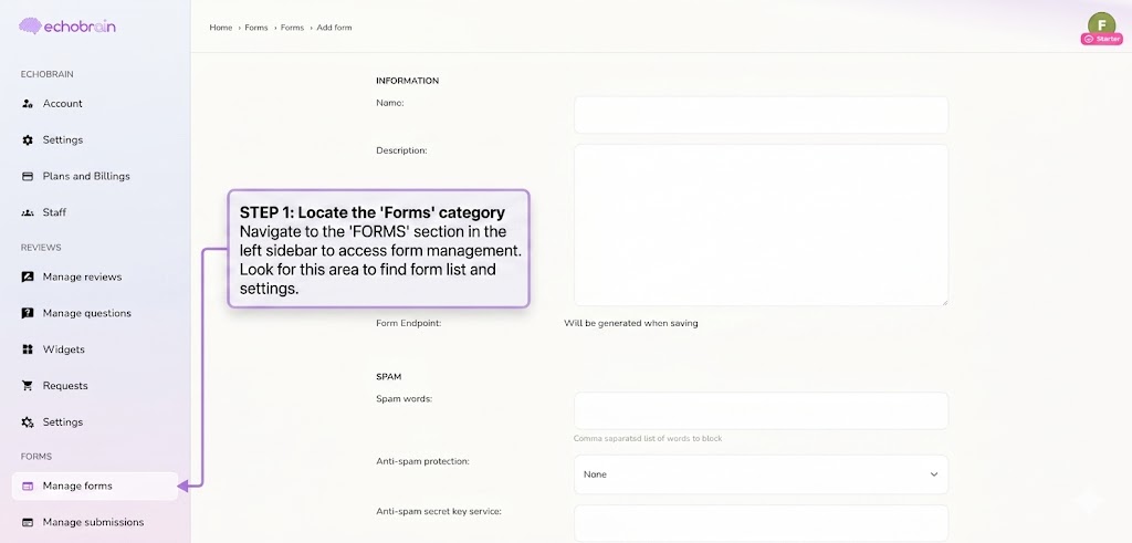 EchoBrain Forms panel showing the form selected for editing