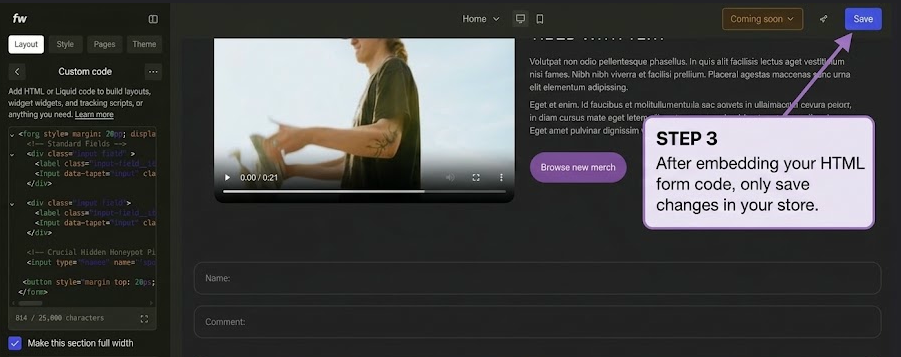Saving changes in Fourthwall Site Design after adding the honeypot field