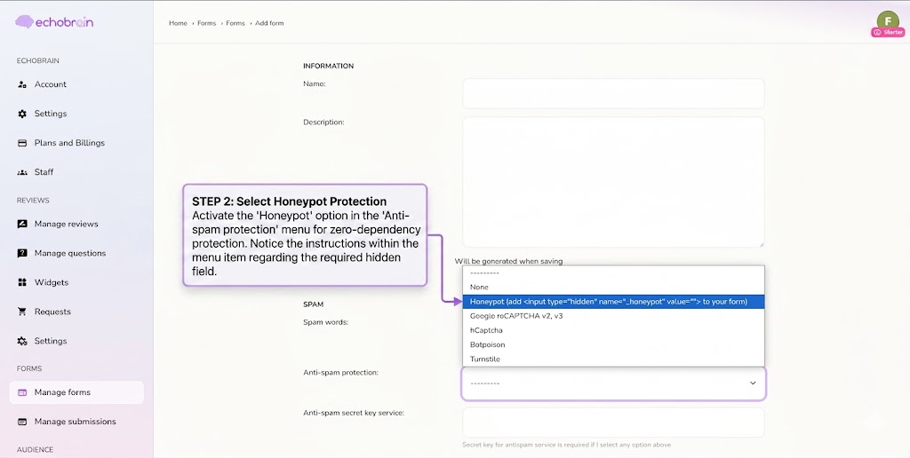 Honeypot option selected in the Anti-spam protection dropdown in EchoBrain