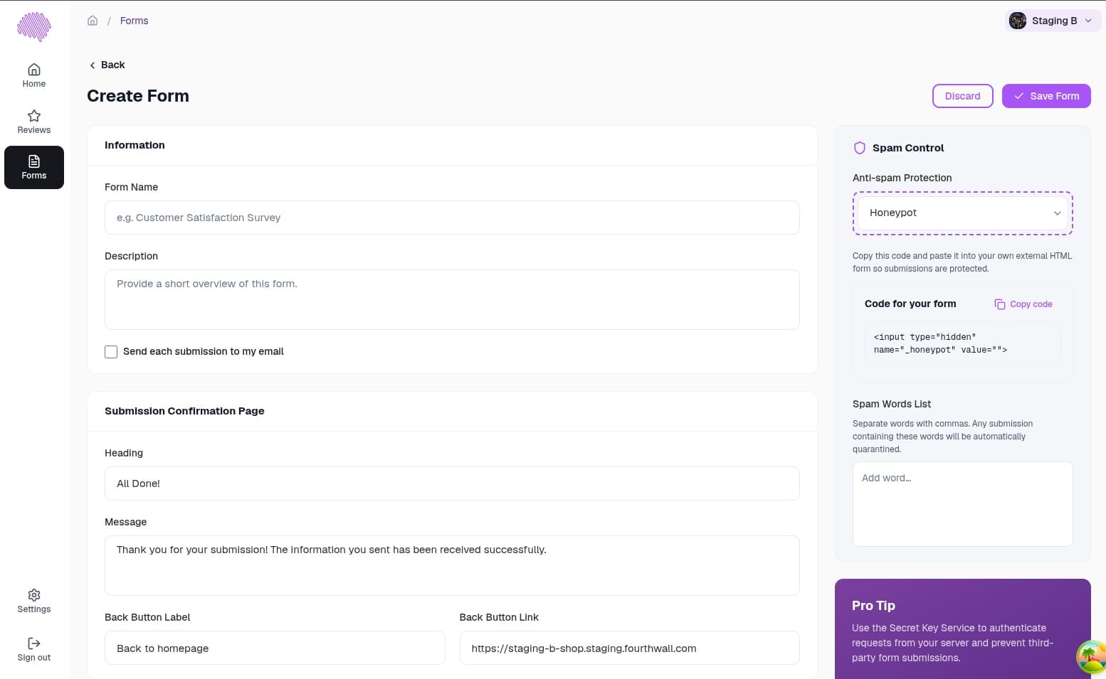 Honeypot option selected in the Anti-spam protection dropdown in EchoBrain