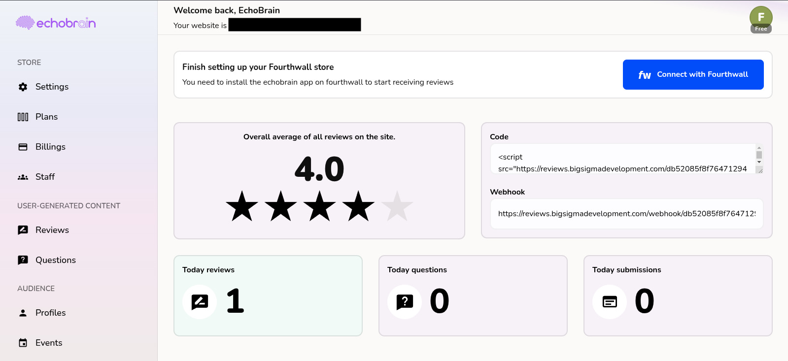 EchoBrain dashboard with connect with Fourthwall button