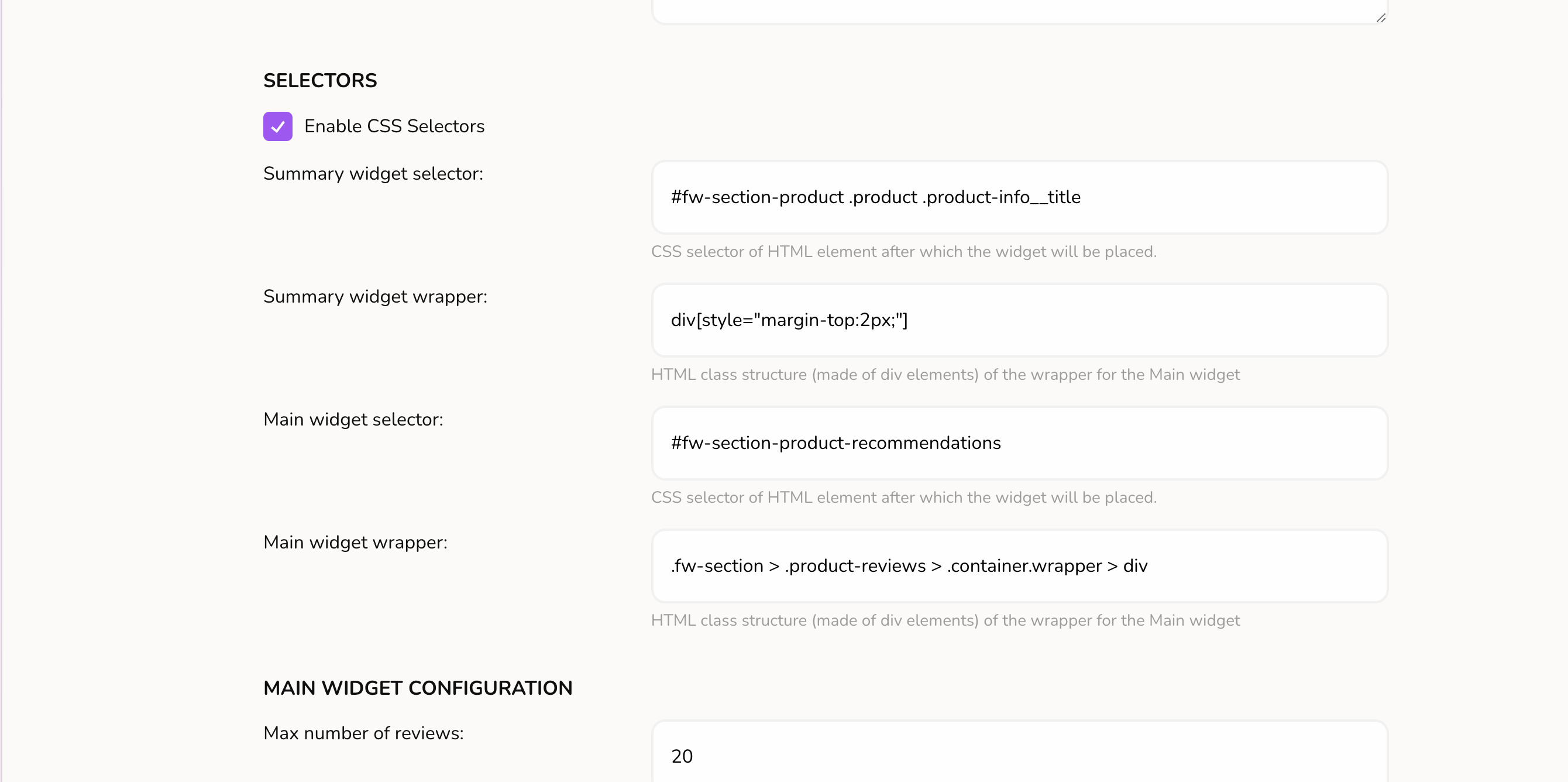 Echobrain dashboard css selectors settings