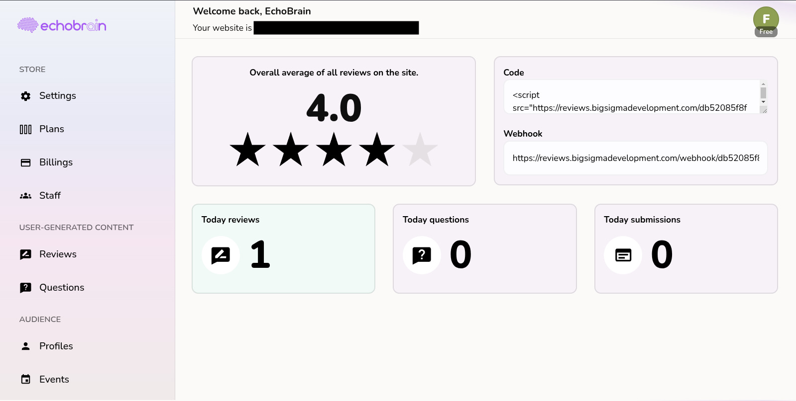 EchoBrain dashboard with no connect with Fourthwall button