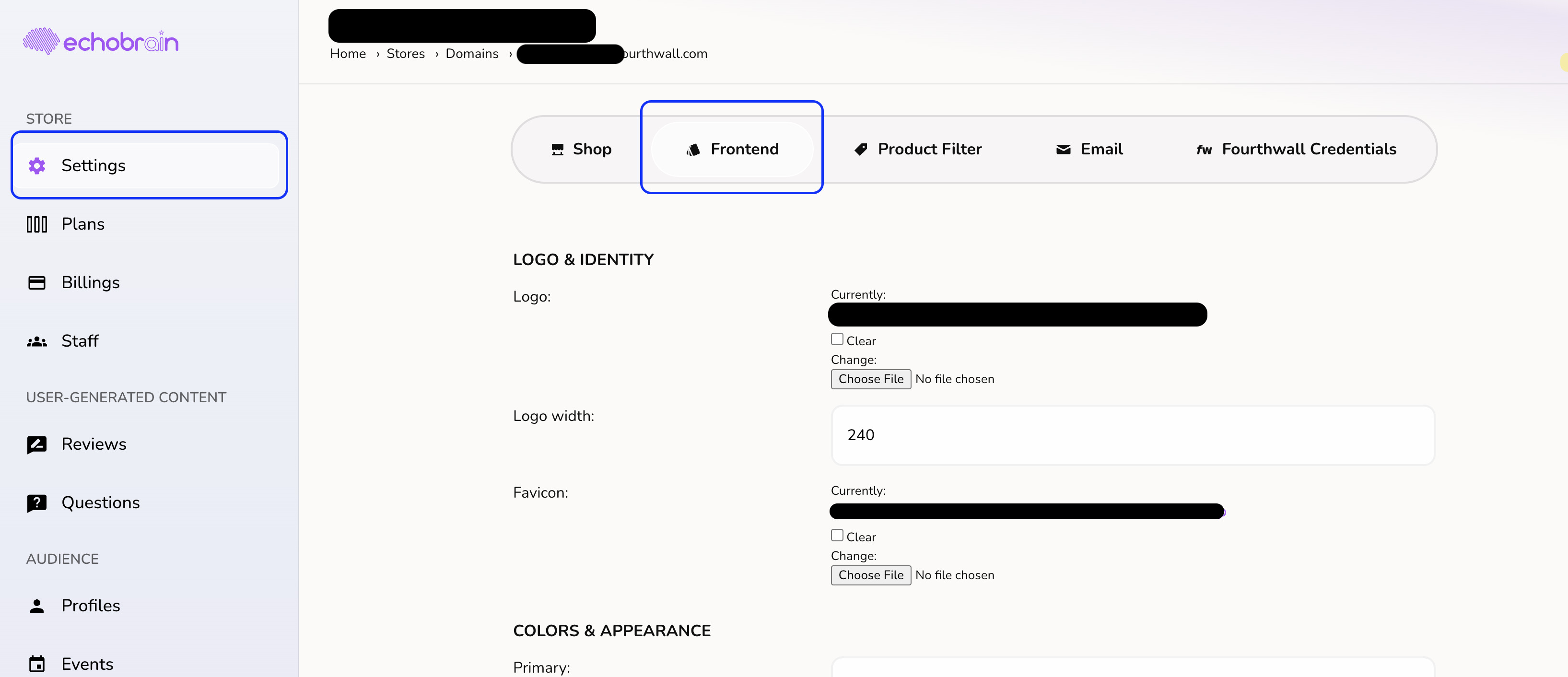 Echobrain dashboard reviews frontend settings