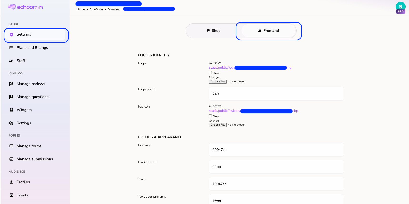 Echobrain dashboard reviews frontend settings