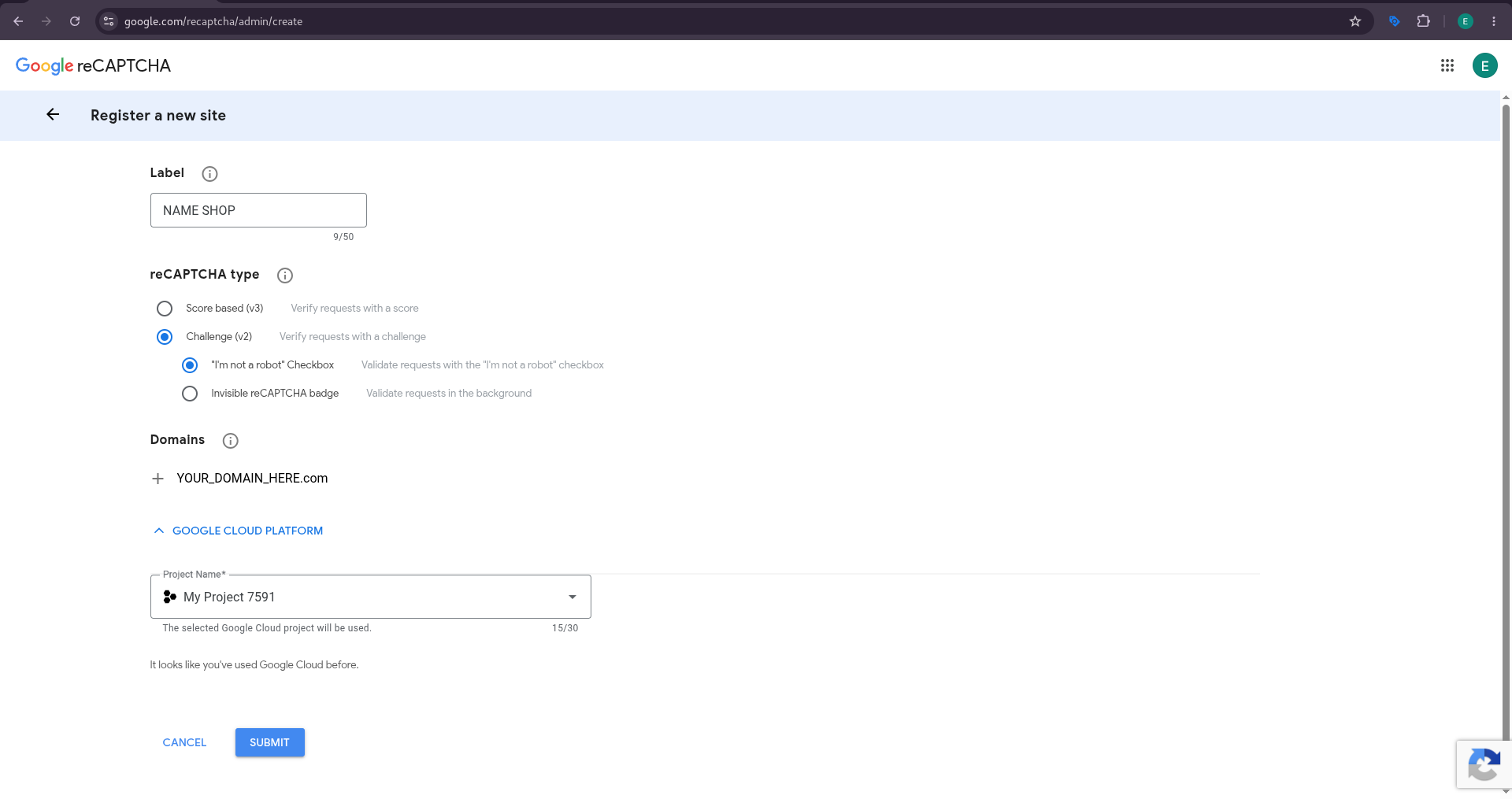 Google reCAPTCHA Admin Console registration screen
