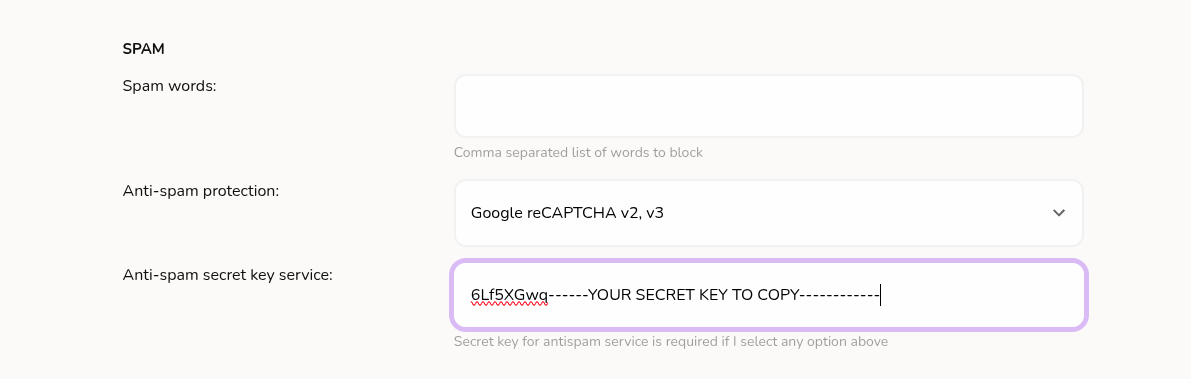 reCAPTCHA configuration in the EchoBrain Spam section