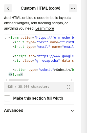 Selecting the Custom HTML form section in Fourthwall Site Design