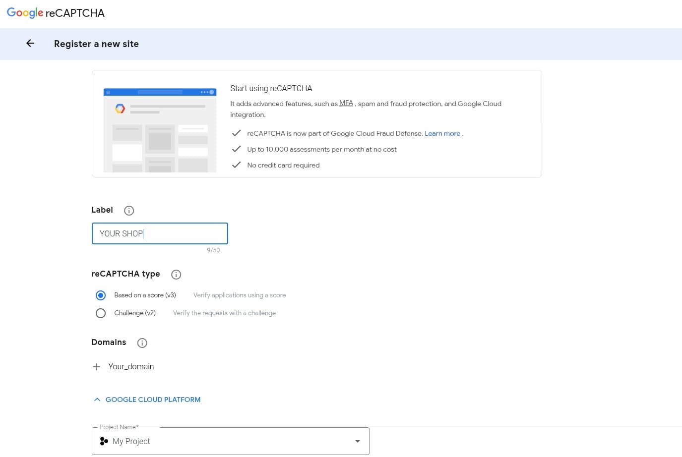 Google reCAPTCHA Admin Console registration screen