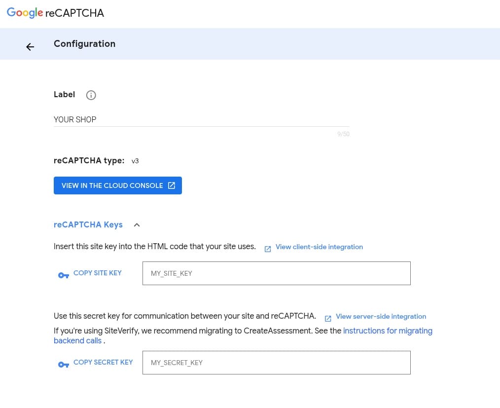 reCAPTCHA keys generated by Google