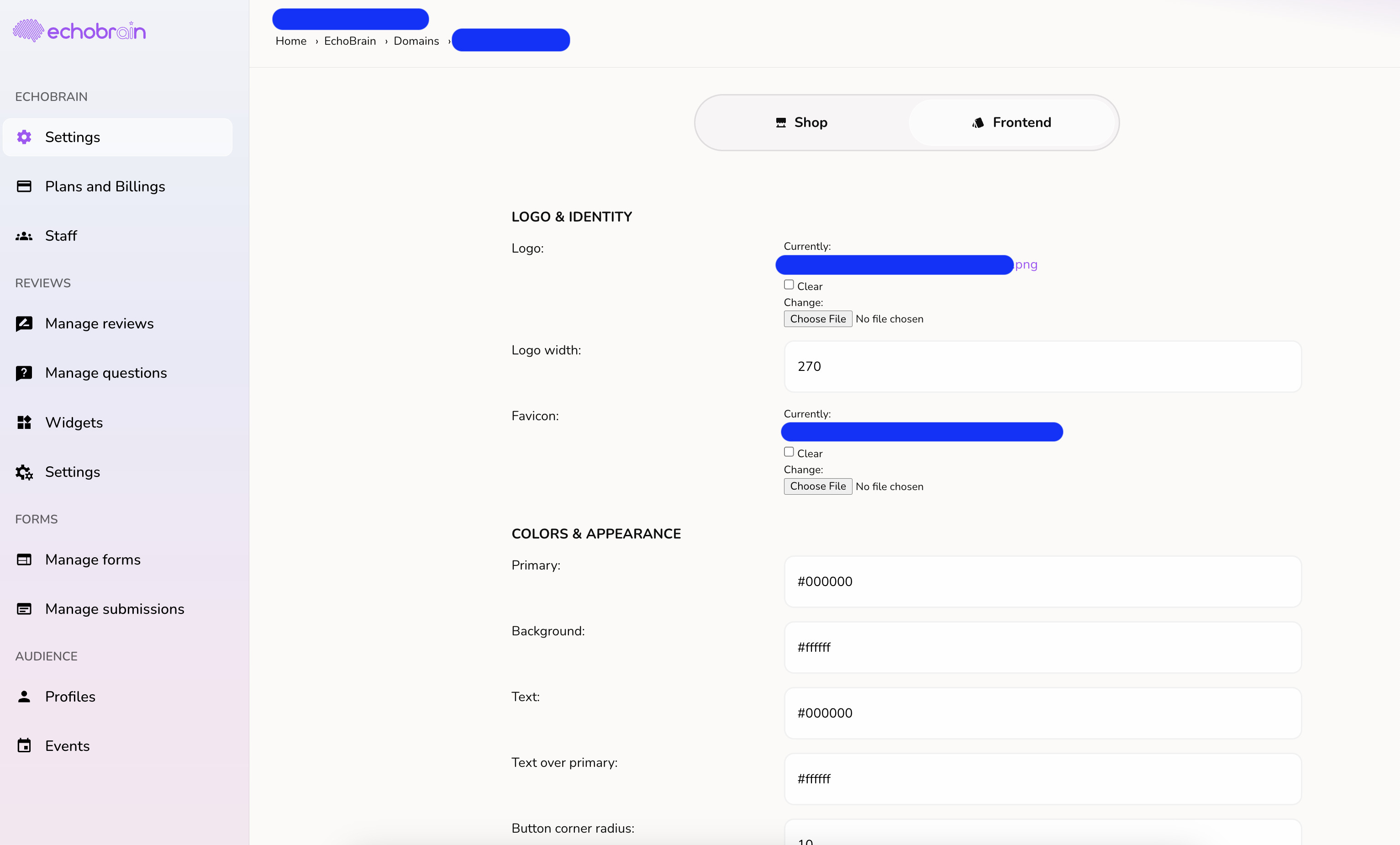 EchoBrain admin front end settings